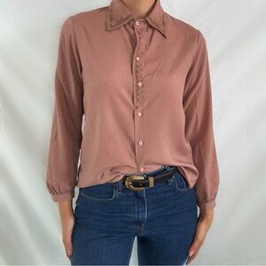 Vintage embroidered collared button up long sleeve blouse top medium